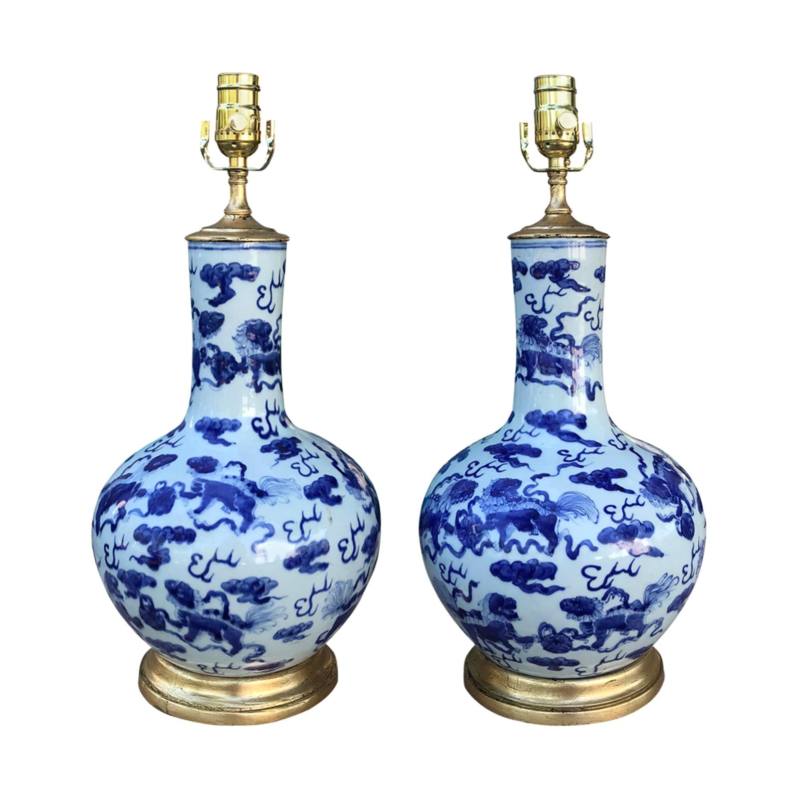 Pair of 19th Century Chinese Blue and White Porcelain Vases as Lamps