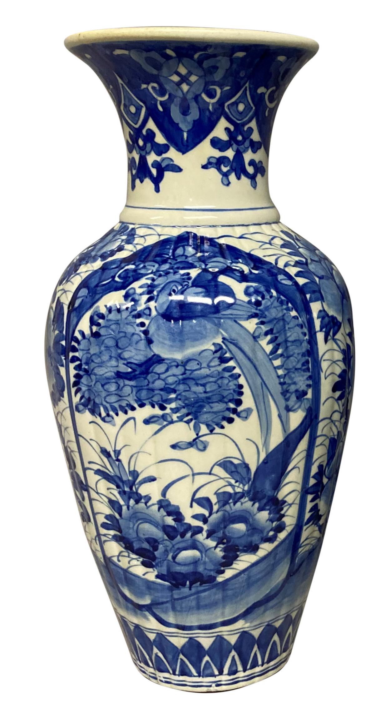 Pair Of 19th Century Chinese Blue & White Baluster Vases For Sale 2