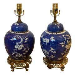 Pair of 19th Century Chinese Blue & White Porcelain Peach Blossom Lamps