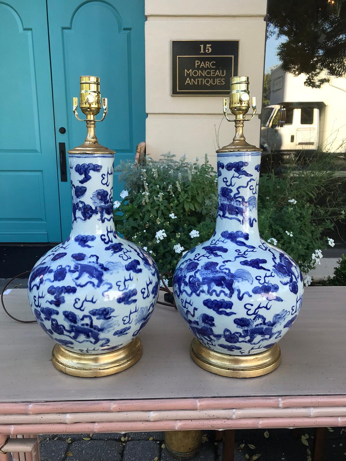 Pair of 19th Century Chinese Blue and White Porcelain Vases as Lamps In Good Condition In Atlanta, GA