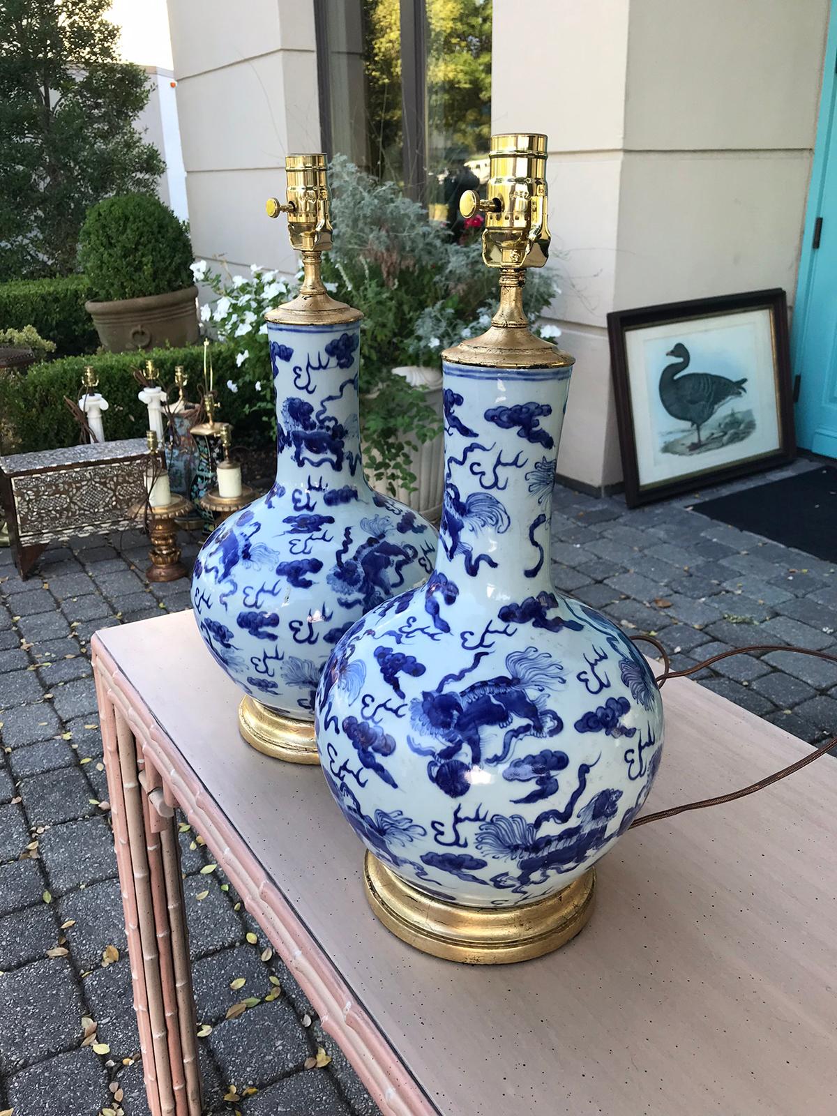 Giltwood Pair of 19th Century Chinese Blue and White Porcelain Vases as Lamps