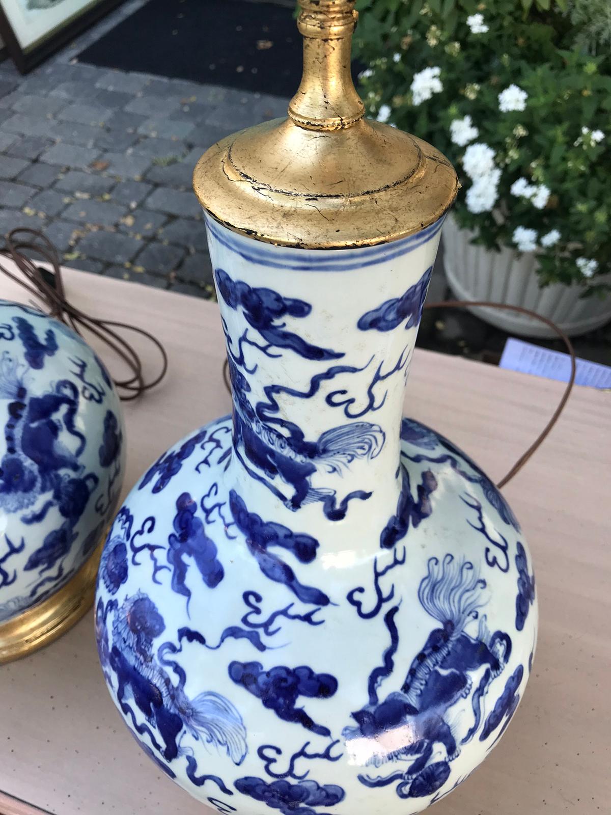Pair of 19th Century Chinese Blue and White Porcelain Vases as Lamps 1