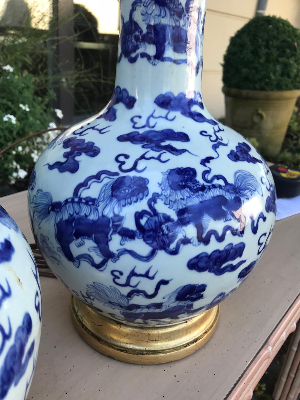 Pair of 19th Century Chinese Blue and White Porcelain Vases as Lamps 3