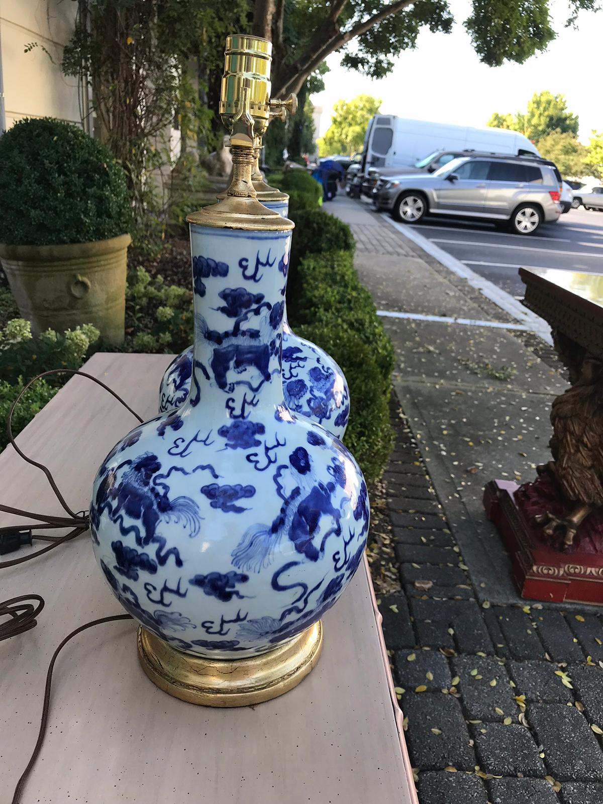 Pair of 19th Century Chinese Blue and White Porcelain Vases as Lamps 4