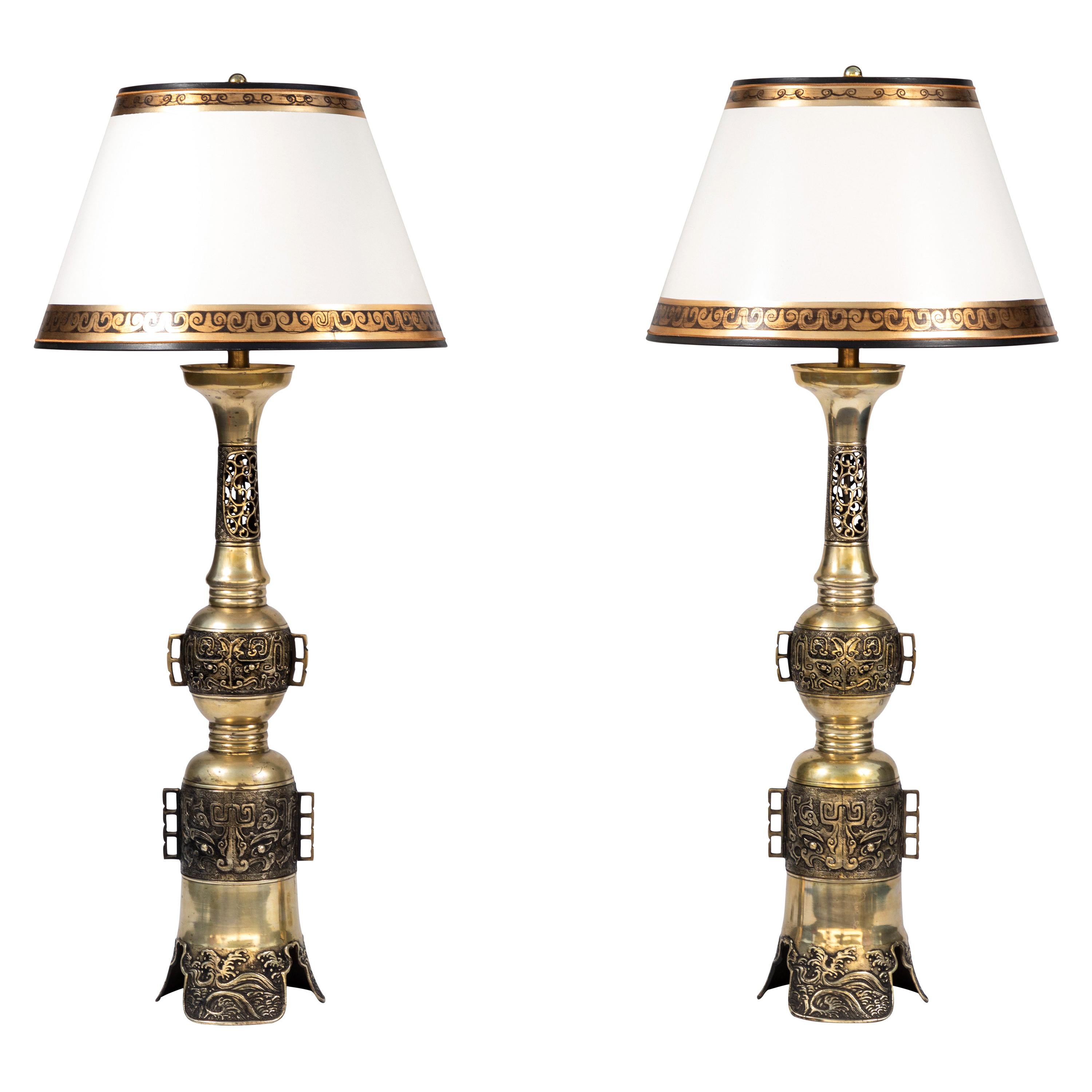 Pair of 19th Century Chinese Bronze Altar Stick Lamps