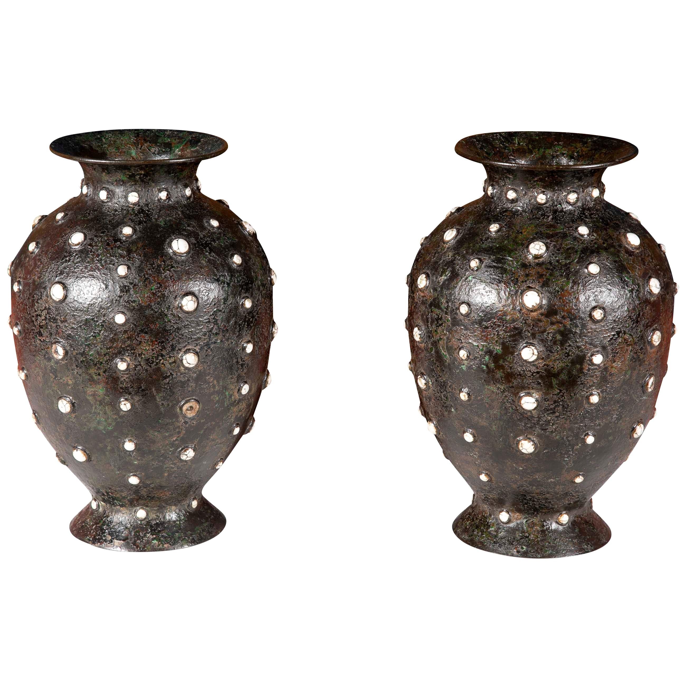 Pair of 19th Century Chinese Bronze and Enamel Studded Vases