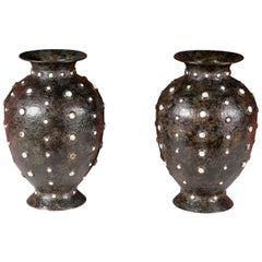 Pair of 19th Century Chinese Bronze and Enamel Studded Vases