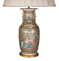 Pair of 19th Century Chinese Canton Baluster Porcelain Antique Table Lamps