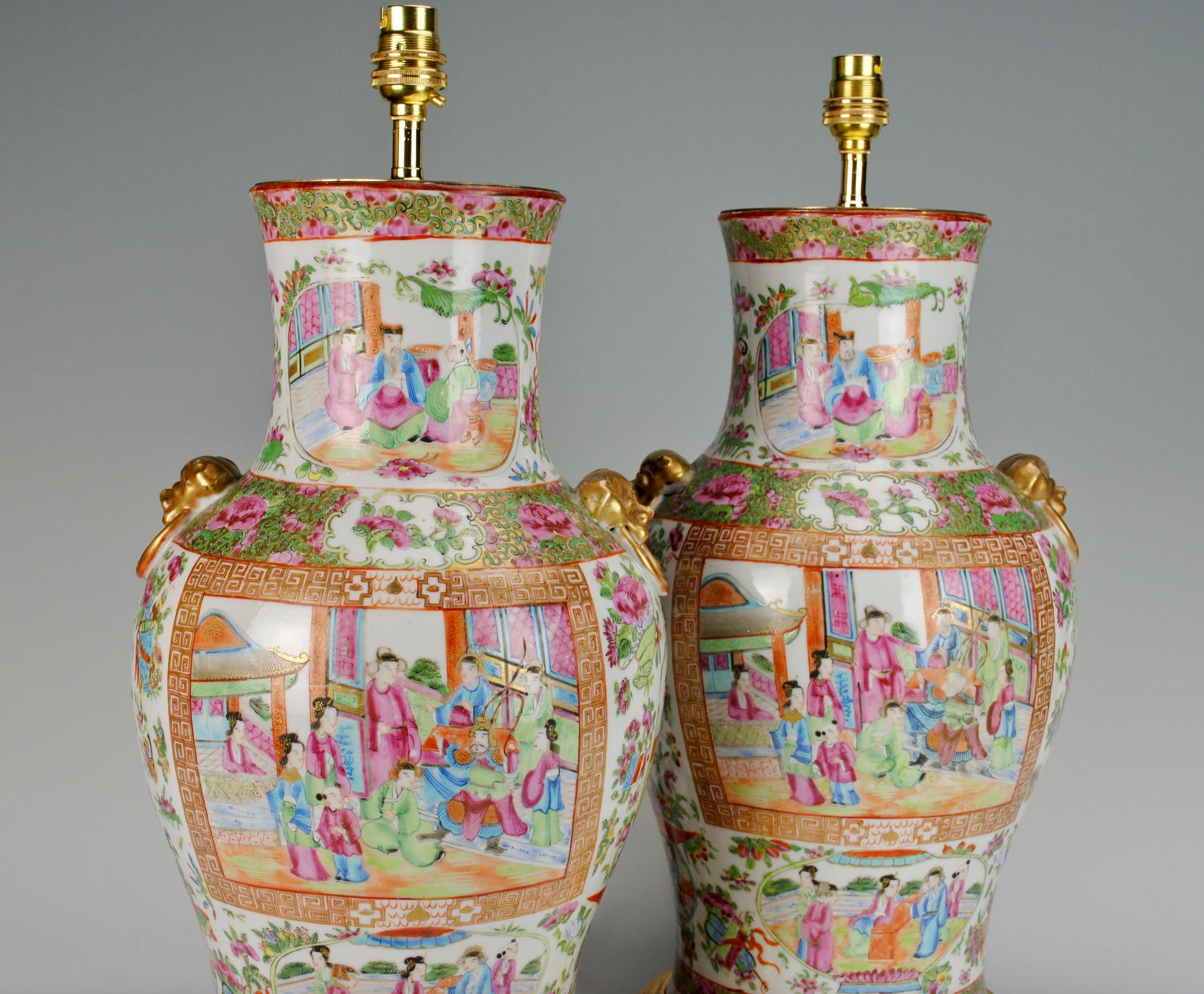 Glazed Pair of 19th Century Chinese Canton Baluster Porcelain Antique Table Lamps For Sale