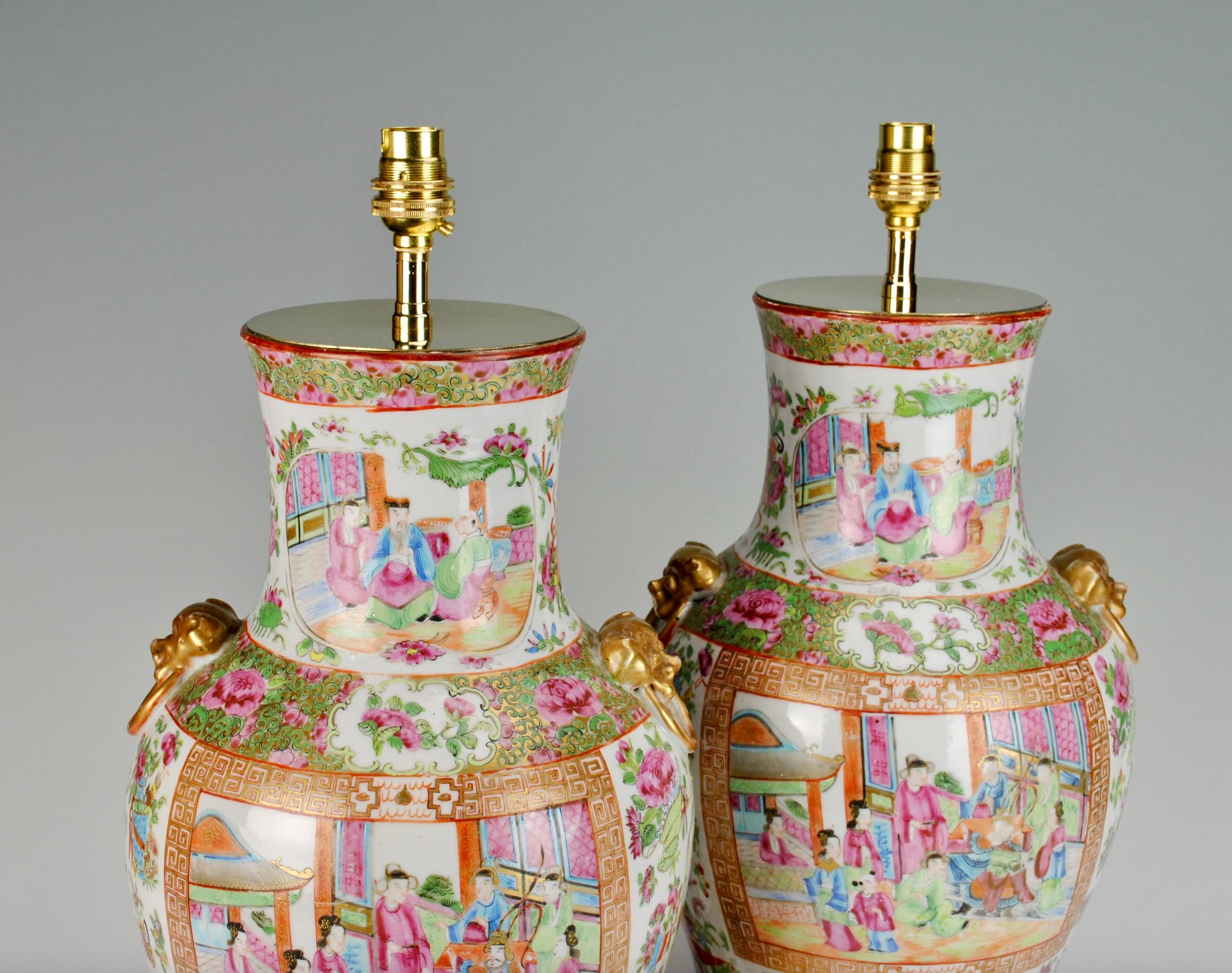 Pair of 19th Century Chinese Canton Baluster Porcelain Antique Table Lamps In Good Condition For Sale In London, GB