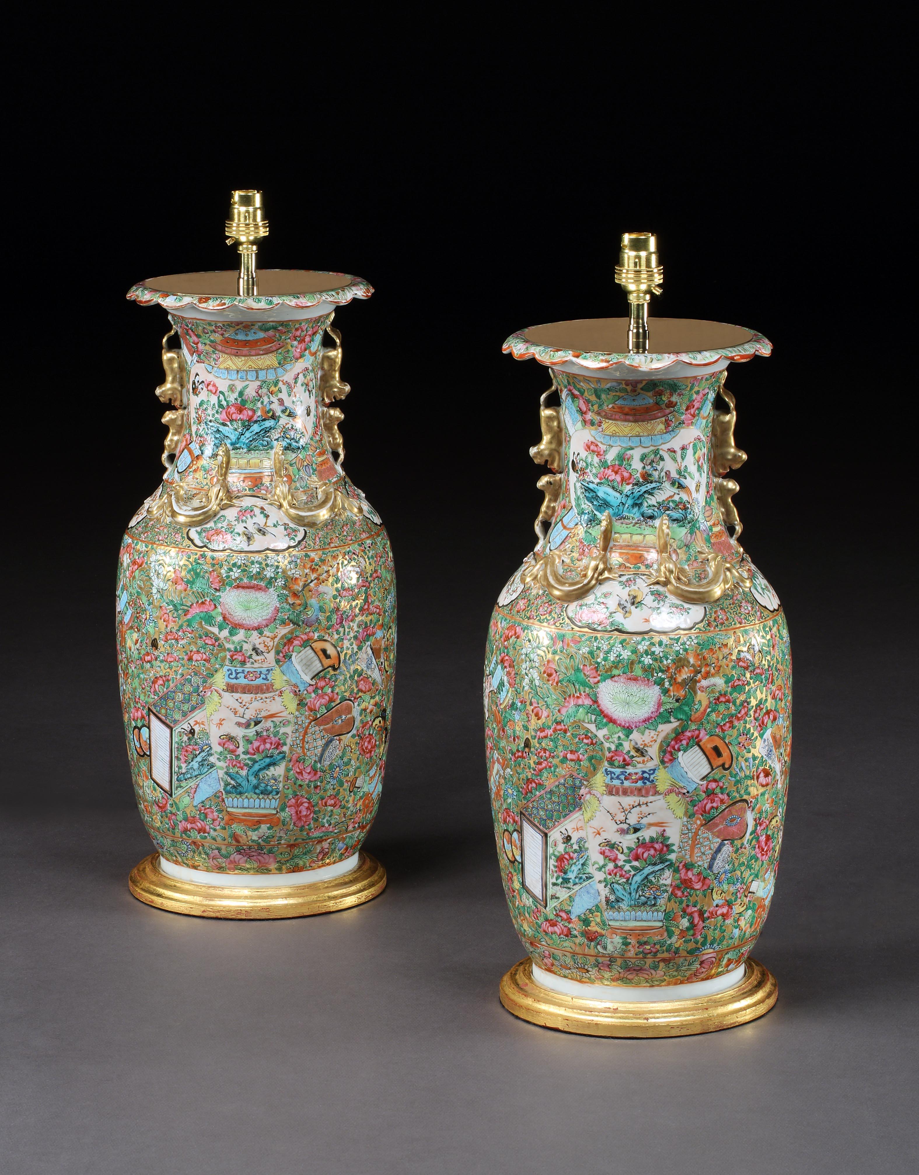 Pair of 19th Century Chinese Canton Baluster Porcelain Antique Table Lamps In Good Condition For Sale In London, GB