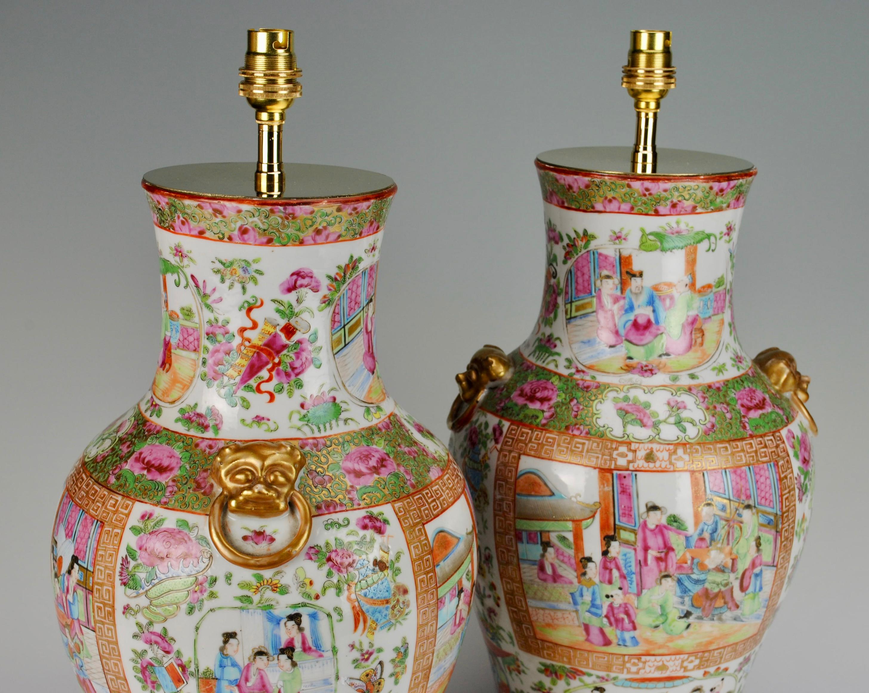 Pair of 19th Century Chinese Canton Baluster Porcelain Antique Table Lamps For Sale 1