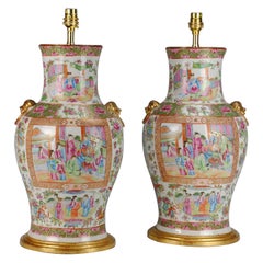 Pair of 19th Century Chinese Canton Baluster Porcelain Antique Table Lamps