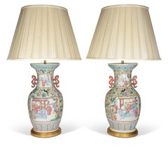 Pair of 19th Century Chinese Canton Enamel Porcelain Antique Table Lamps