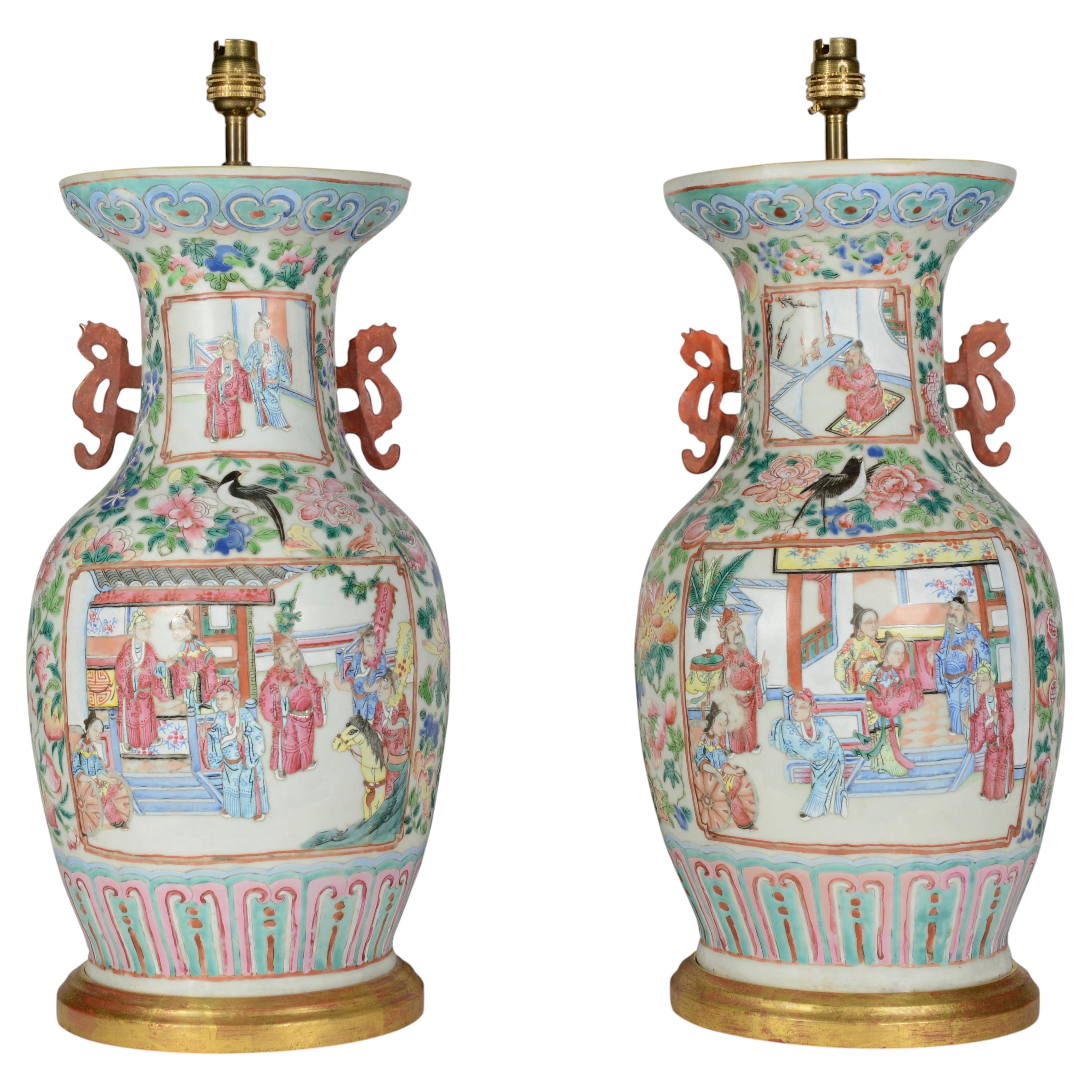 Pair of 19th Century Chinese Canton Enamel Porcelain Antique Table Lamps