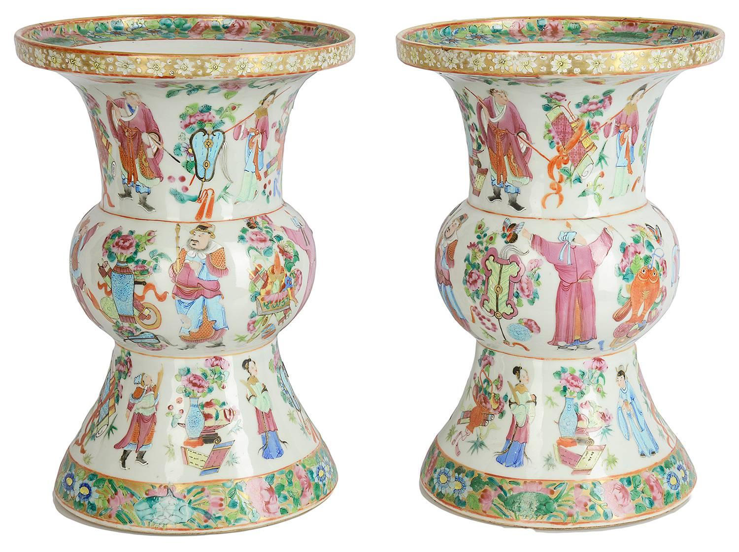 A good quality pair of 19th century Chinese canton / rose medallion vases. Each with beautifully painted and colored images of various courtiers, motifs and warriors.