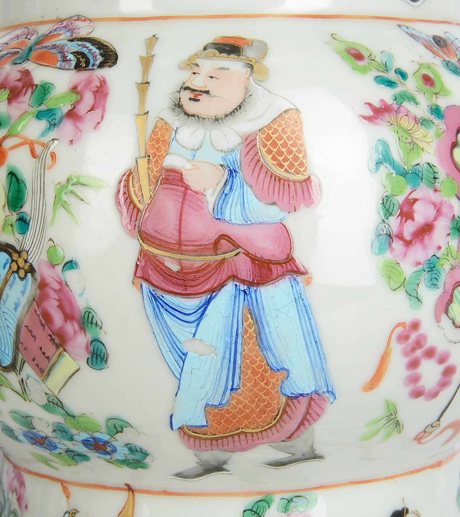 Hand-Painted Pair of 19th Century Chinese Canton / Rose Medallion Vases For Sale