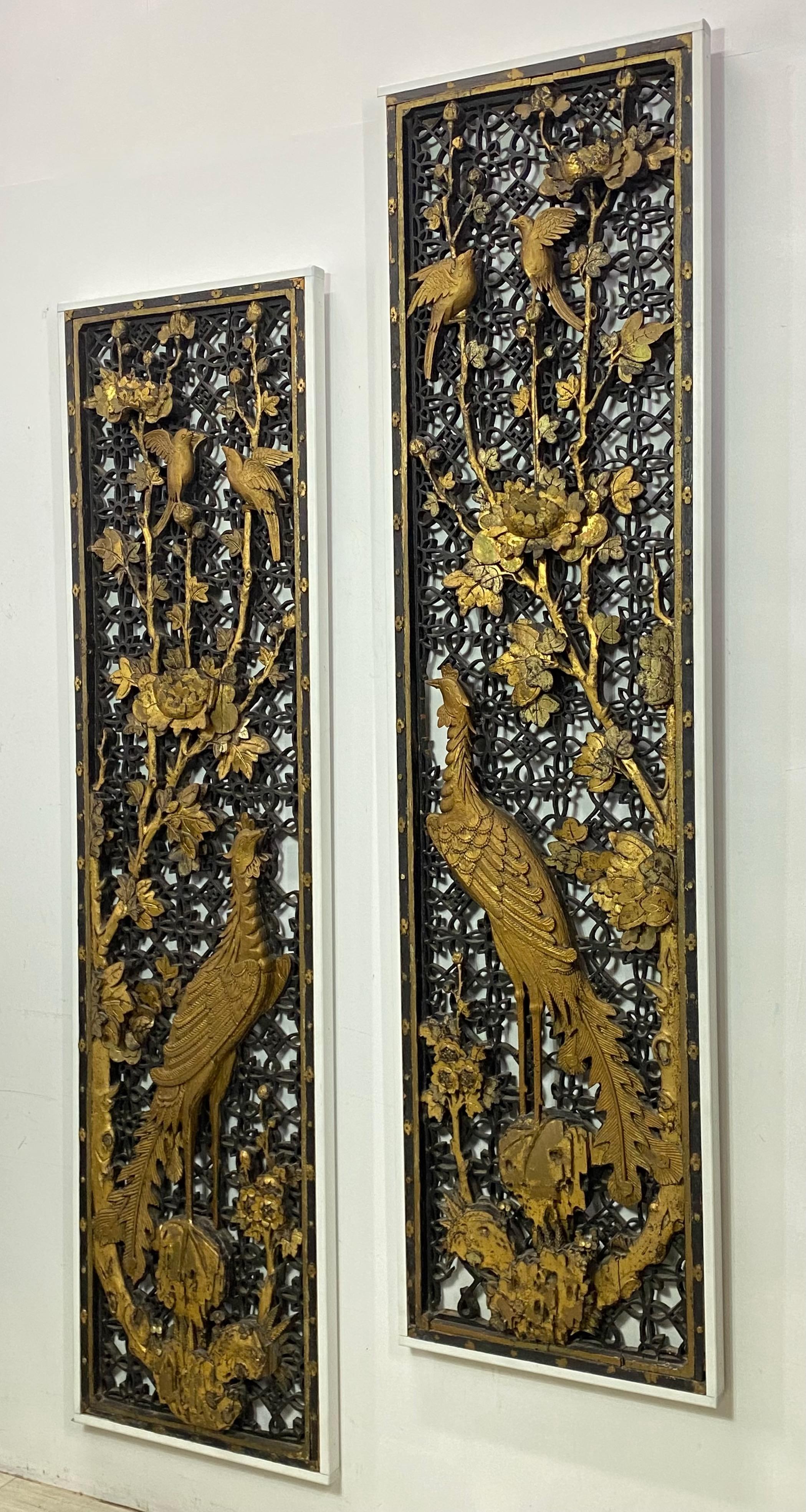 Pair of 19th Century Chinese Carved and Gilt Lattice Work Wall Panels 4