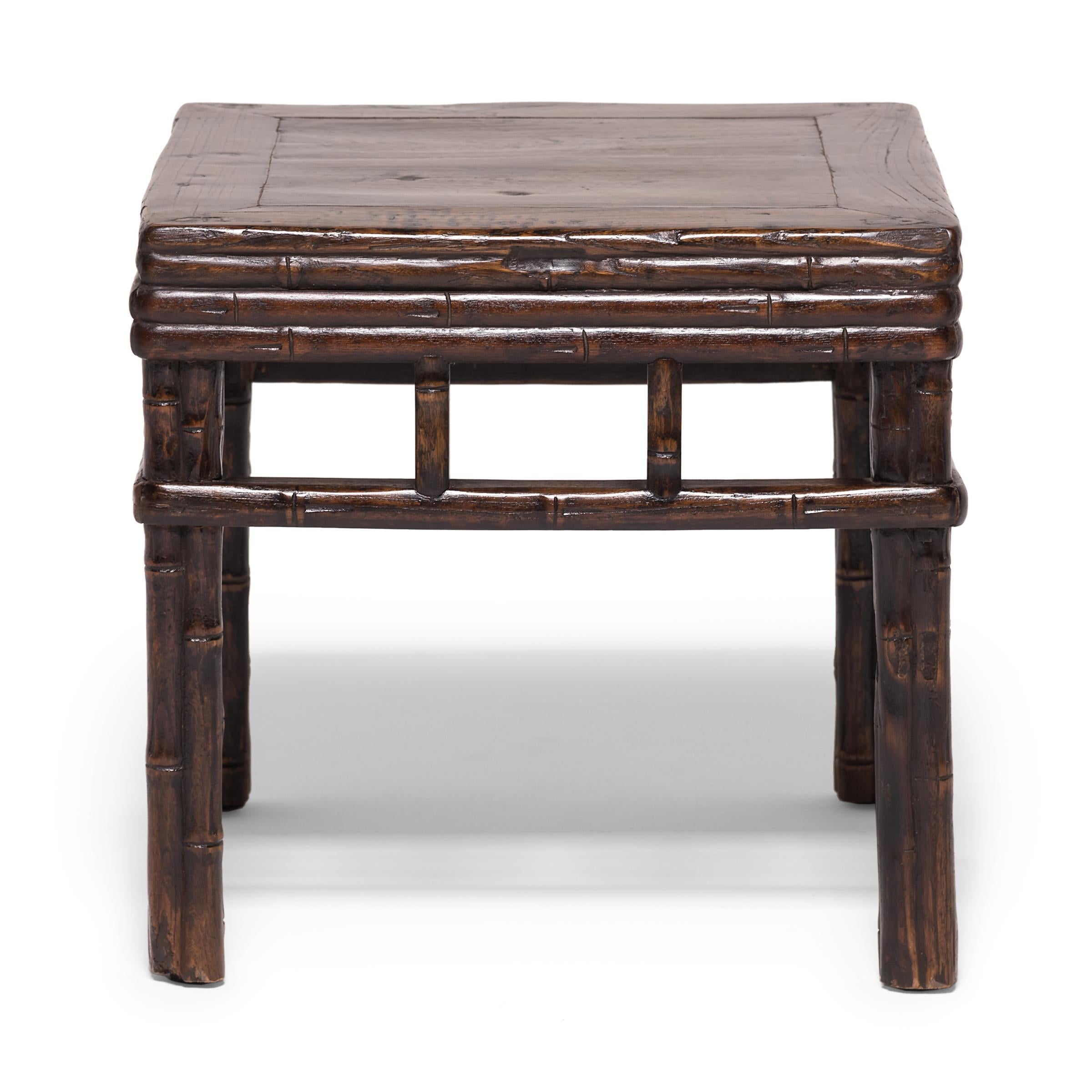 Pair of 19th Century Chinese Carved Bamboo Square Stools In Good Condition In Chicago, IL
