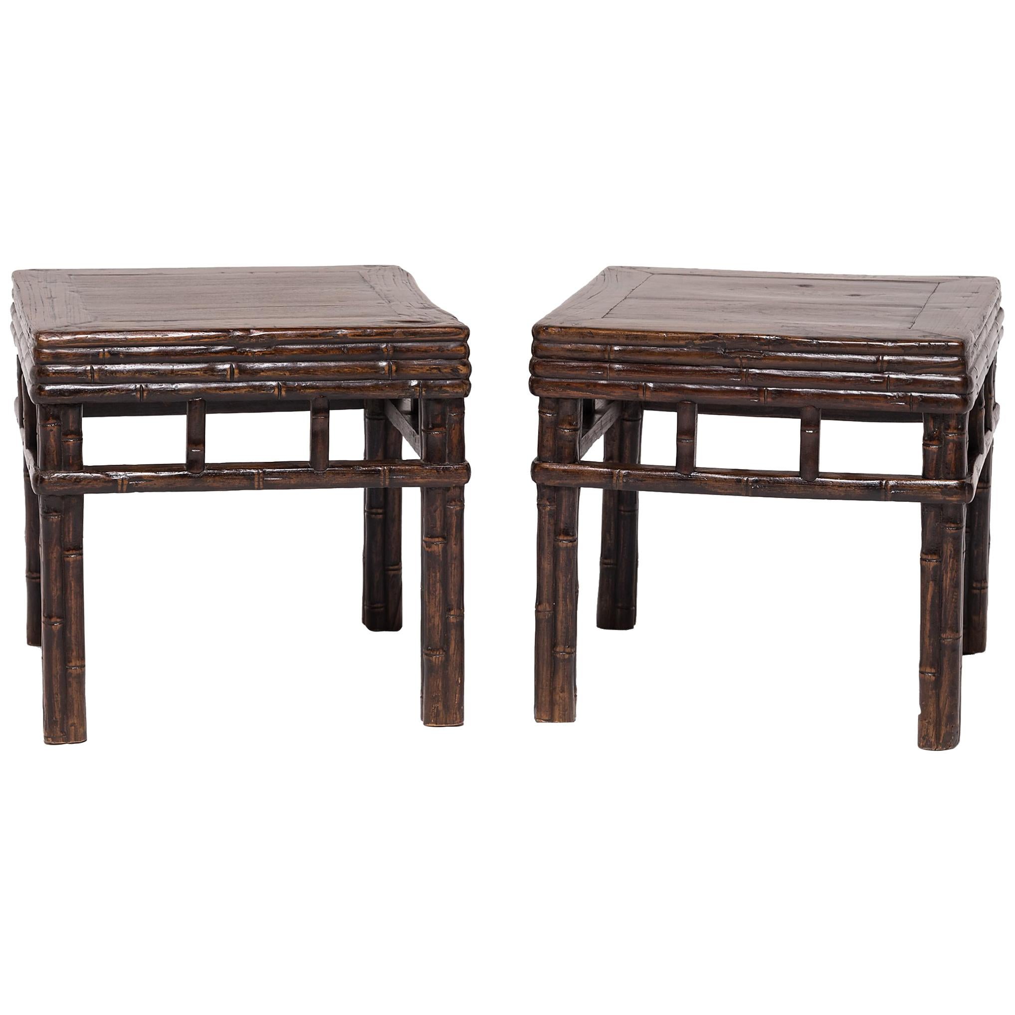 Pair of 19th Century Chinese Carved Bamboo Square Stools