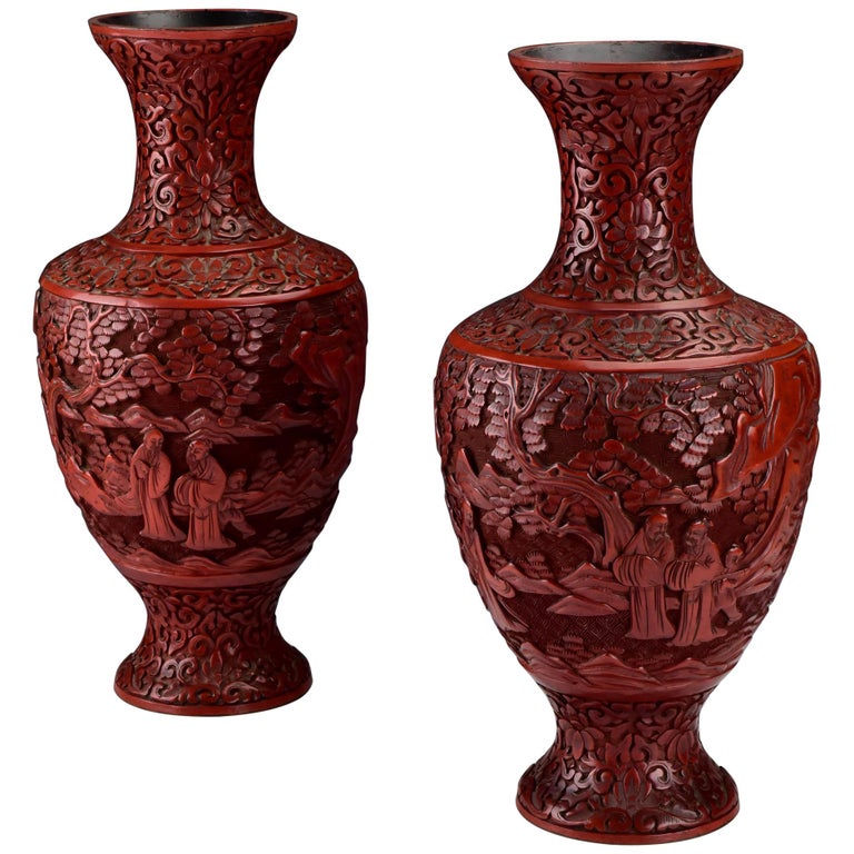 Pair of 19th Century Chinese Carved Cinnabar Lacquer Vases with