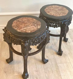Pair of 19th Century Chinese Carved Side Tables with Marble Inserts