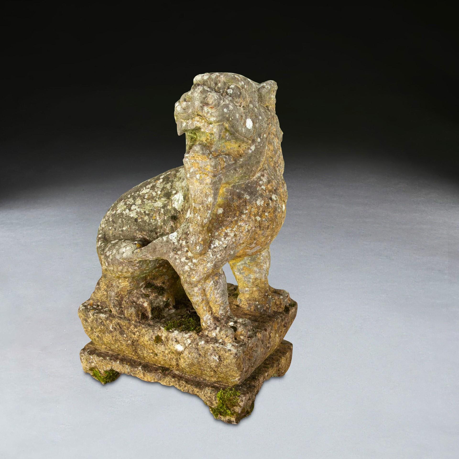 Qing Pair of 19th Century Chinese Carved Stone Lions For Sale