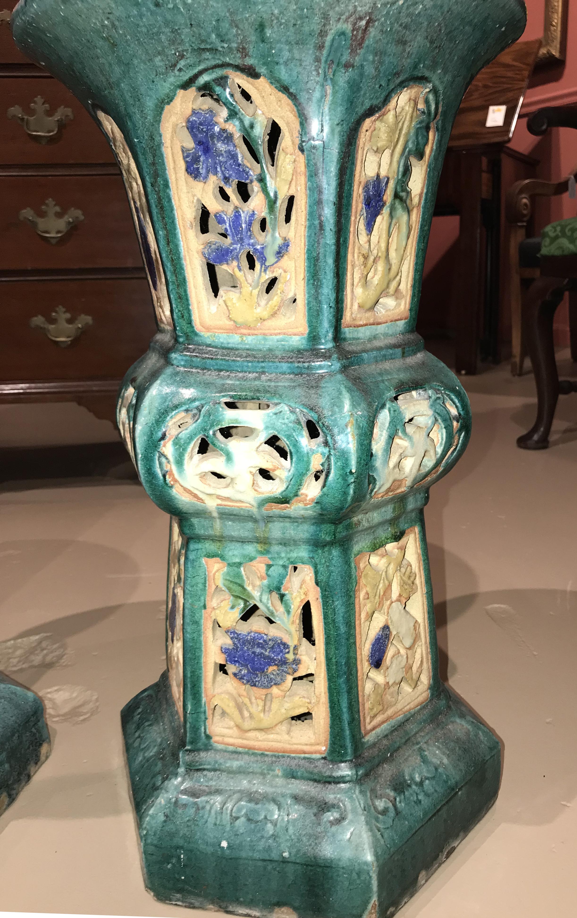 Chinese Export Pair of 19th Century Chinese Ceramic Reticulated Garden Pedestals or Stands