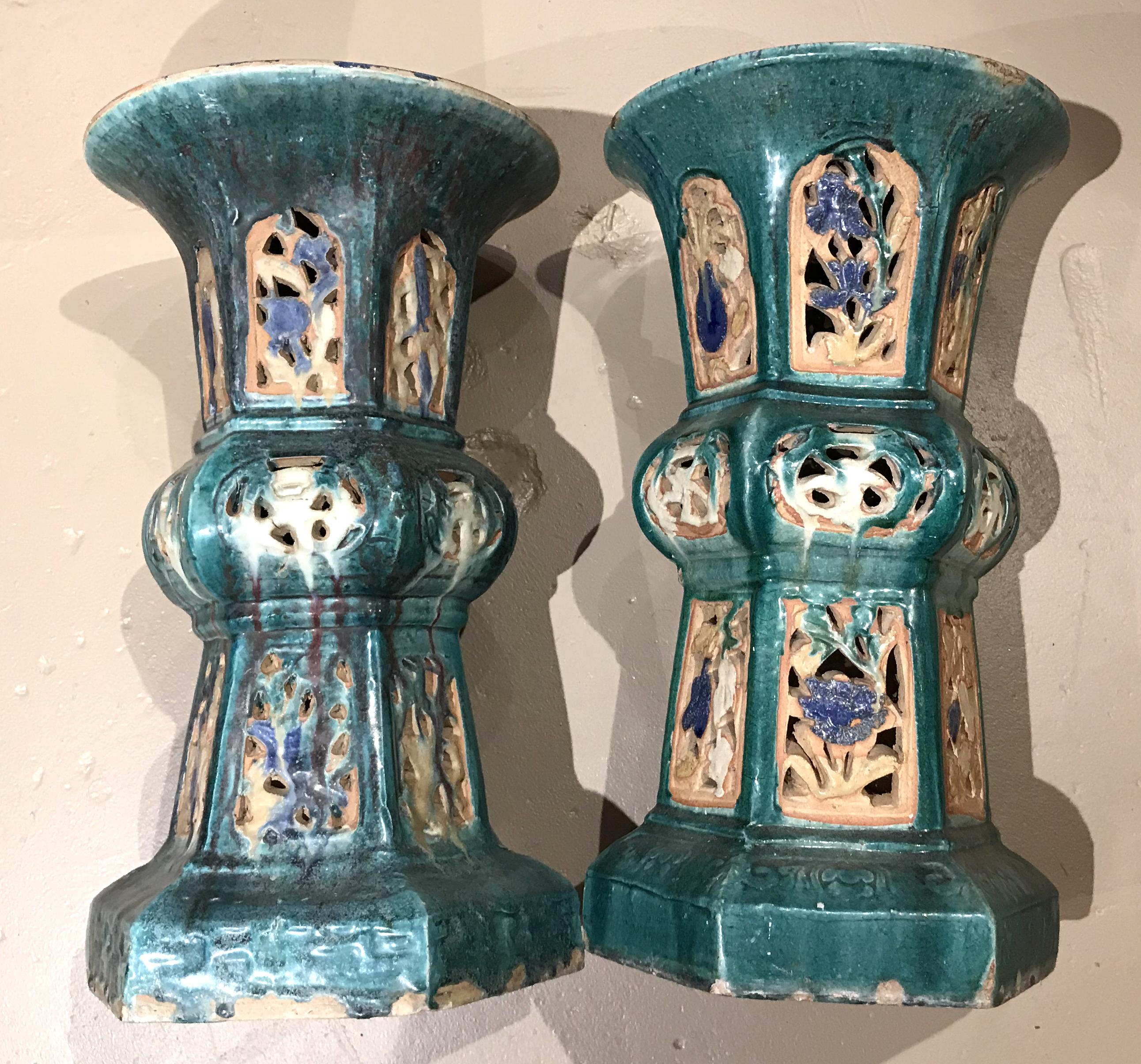 Polychromed Pair of 19th Century Chinese Ceramic Reticulated Garden Pedestals or Stands
