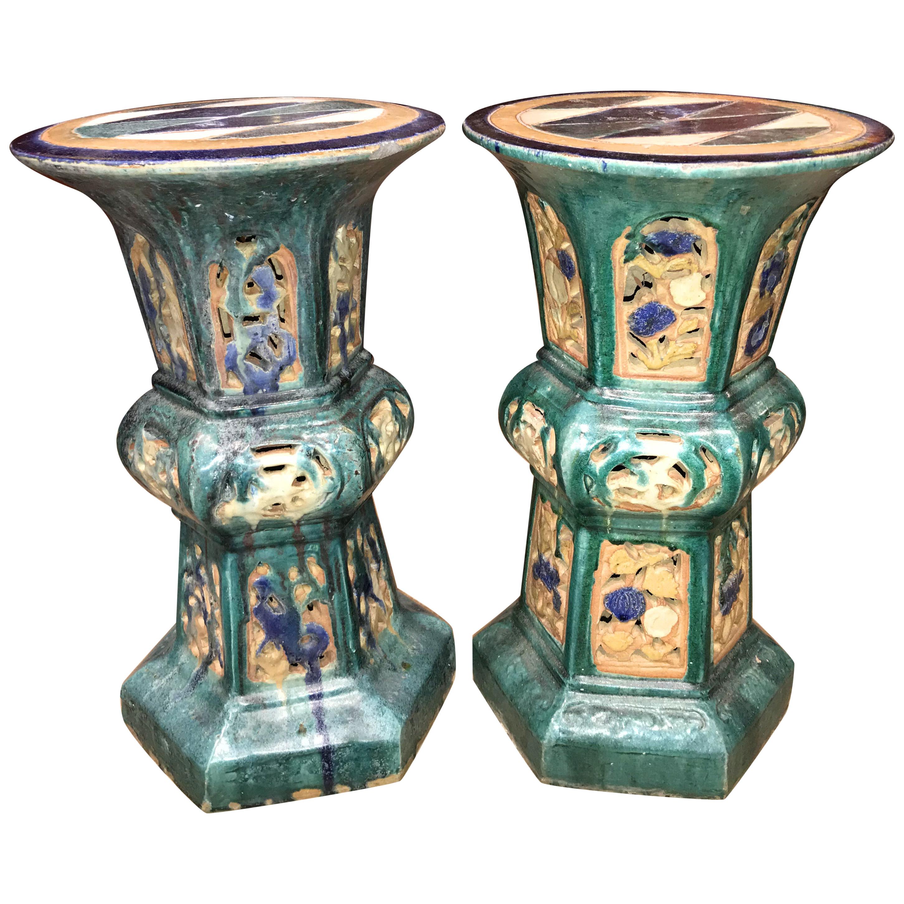 Pair of 19th Century Chinese Ceramic Reticulated Garden Pedestals or Stands