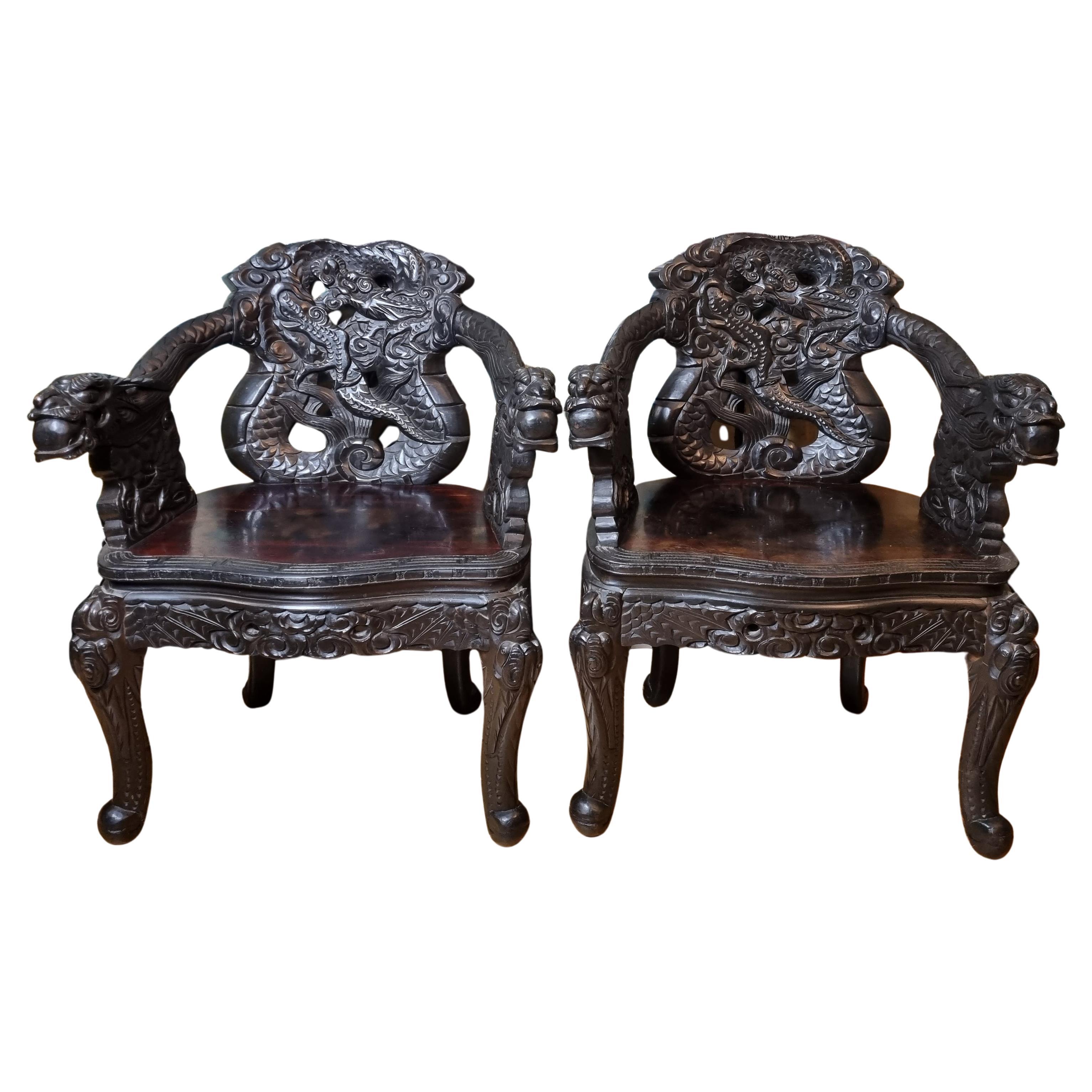 Pair of 19th Century Chinese Dragon Chairs / Armchairs