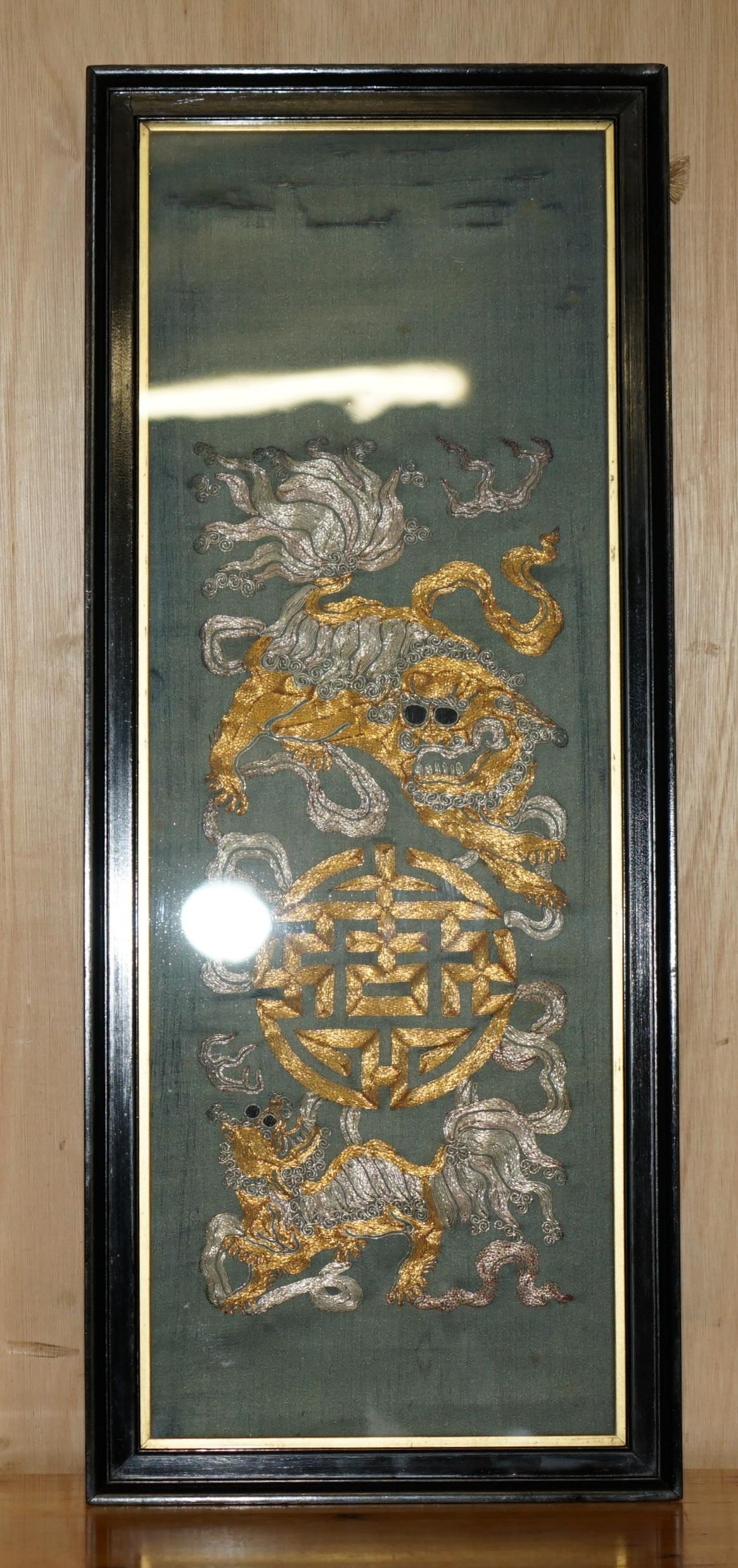 Chinoiserie PAIR OF 19TH CENTURY CHINESE DRAGON FOO DOG GOLD SILVER STITCH SILK EMBROIDERIEs For Sale