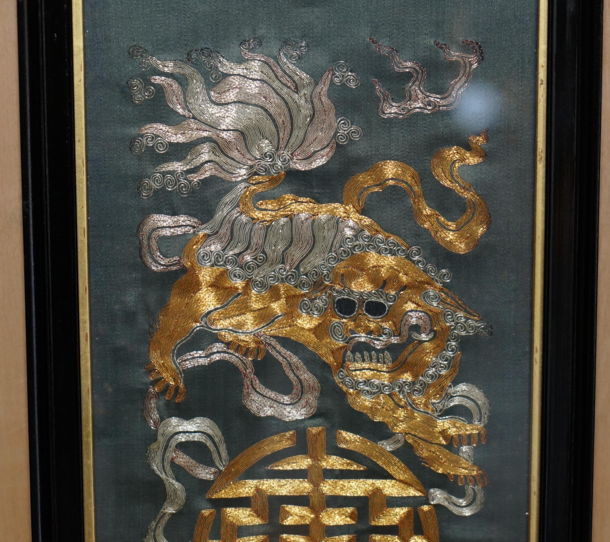 Silk PAIR OF 19TH CENTURY CHINESE DRAGON FOO DOG GOLD SILVER STITCH SILK EMBROIDERIEs For Sale