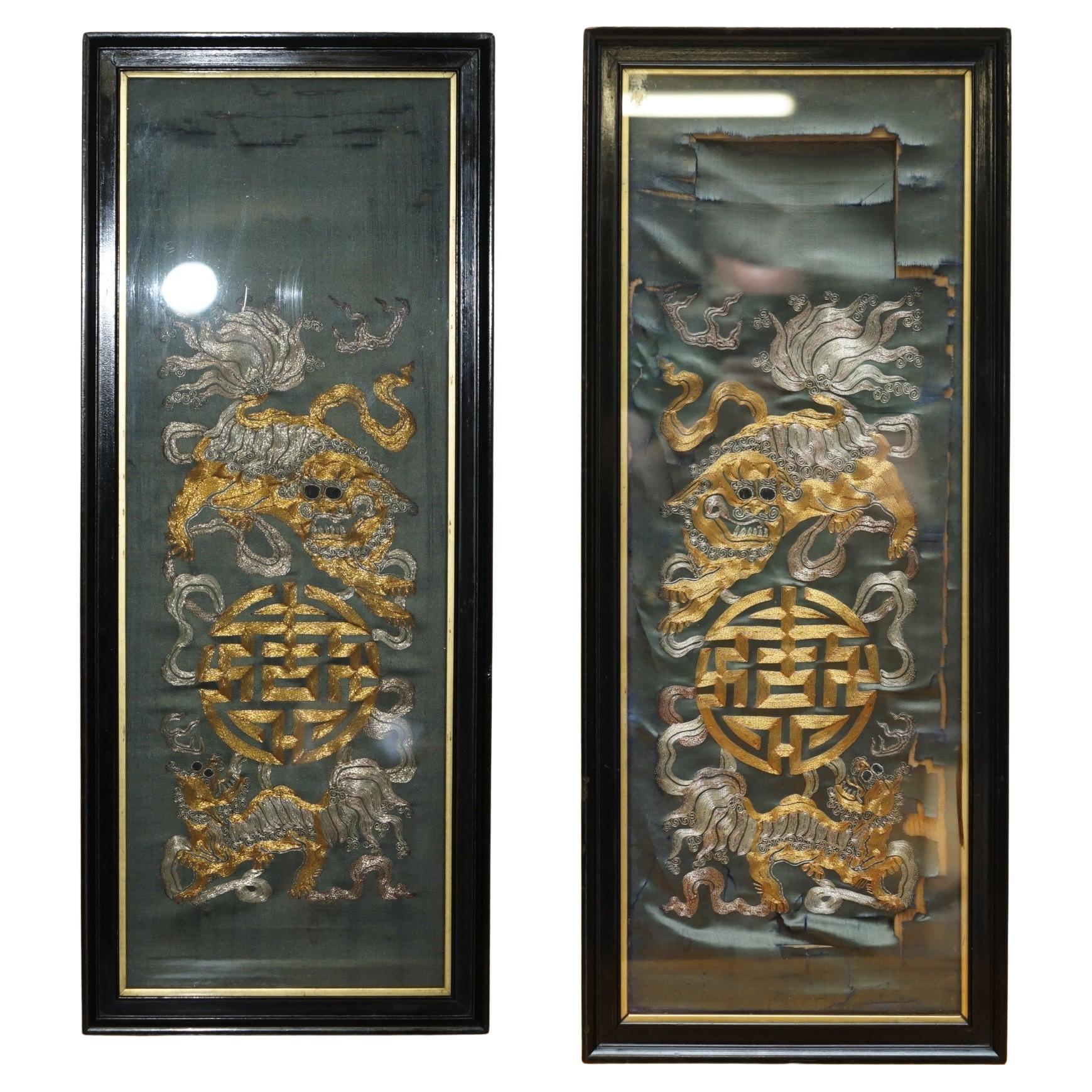 PAIR OF 19TH CENTURY CHINESE DRAGON FOO DOG GOLD SILVER STITCH SILK EMBROIDERIEs For Sale