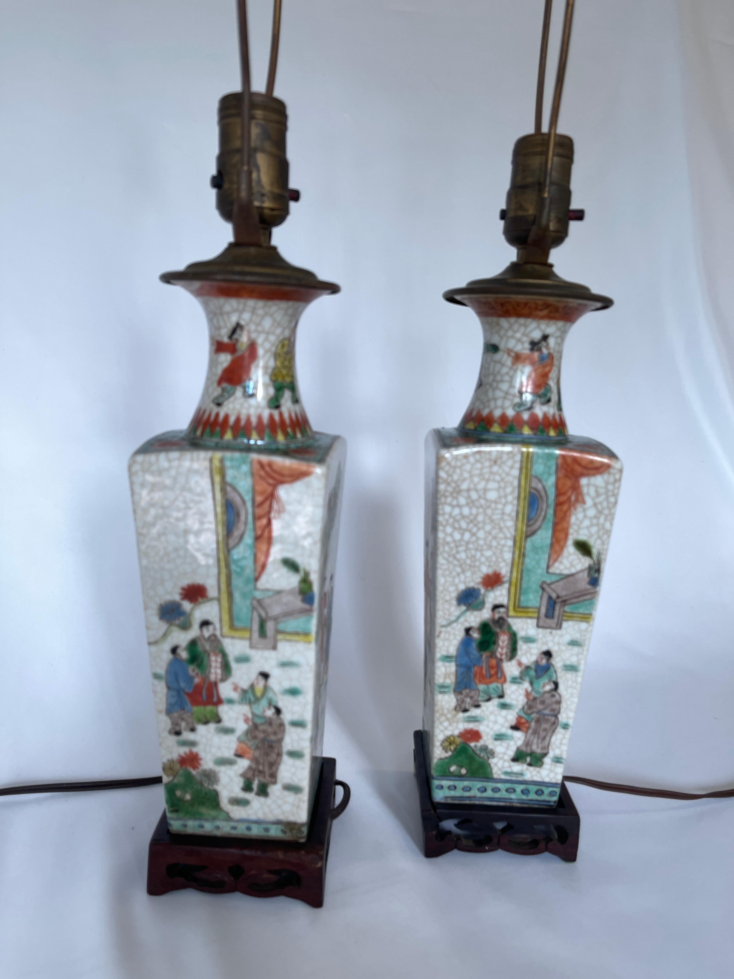 Pair of 19th Century Chinese Export Crackle Ware Vase Lamps on Carved Wood Bases For Sale 7