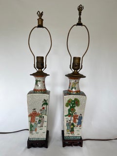Pair of 19th Century Famille Verte Chinese Export Crackle Ware Vase Lamps