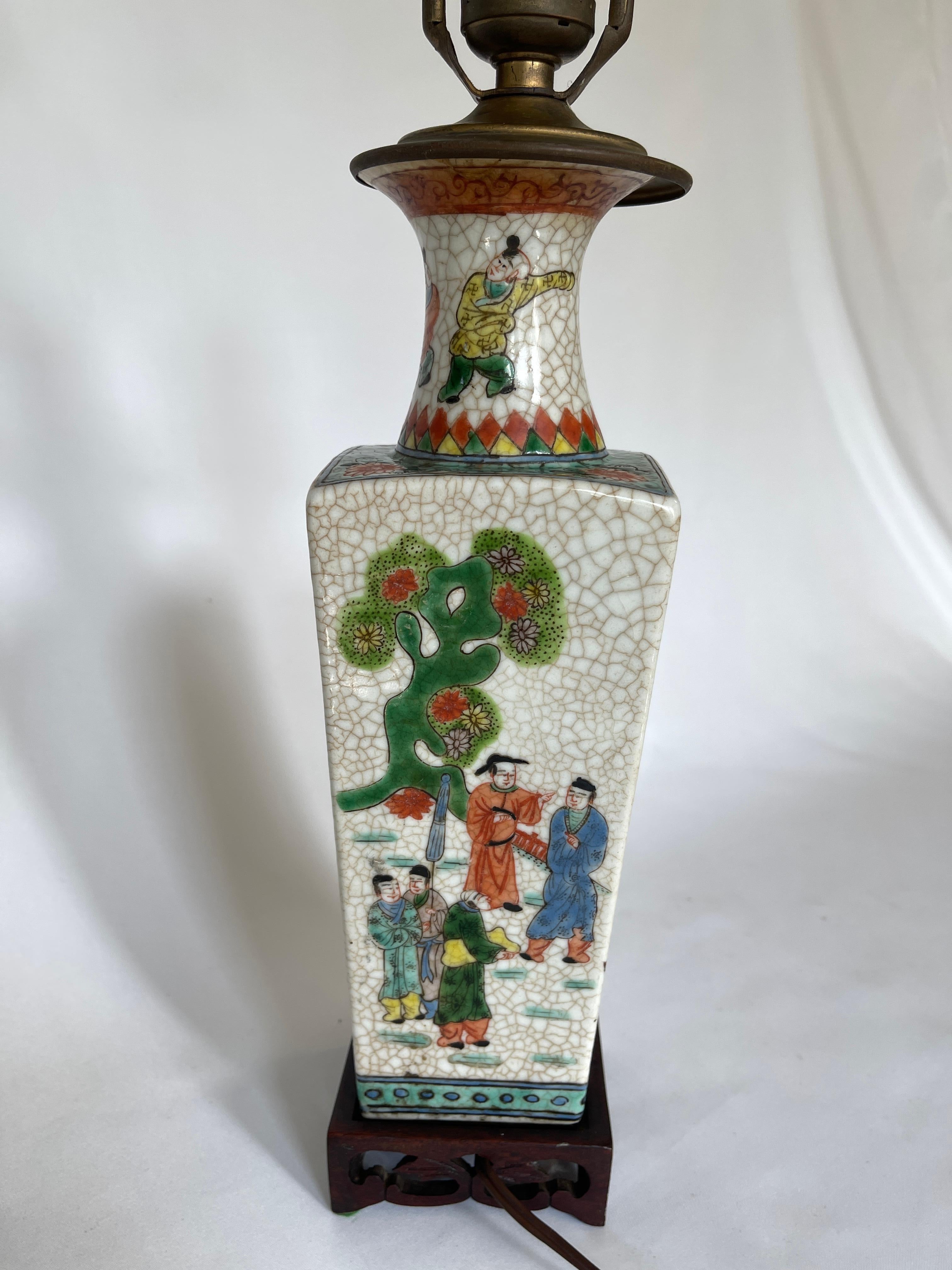 Pair of 19th Century Chinese Export Crackle Ware Vase Lamps on Carved Wood Bases In Good Condition For Sale In New York, NY