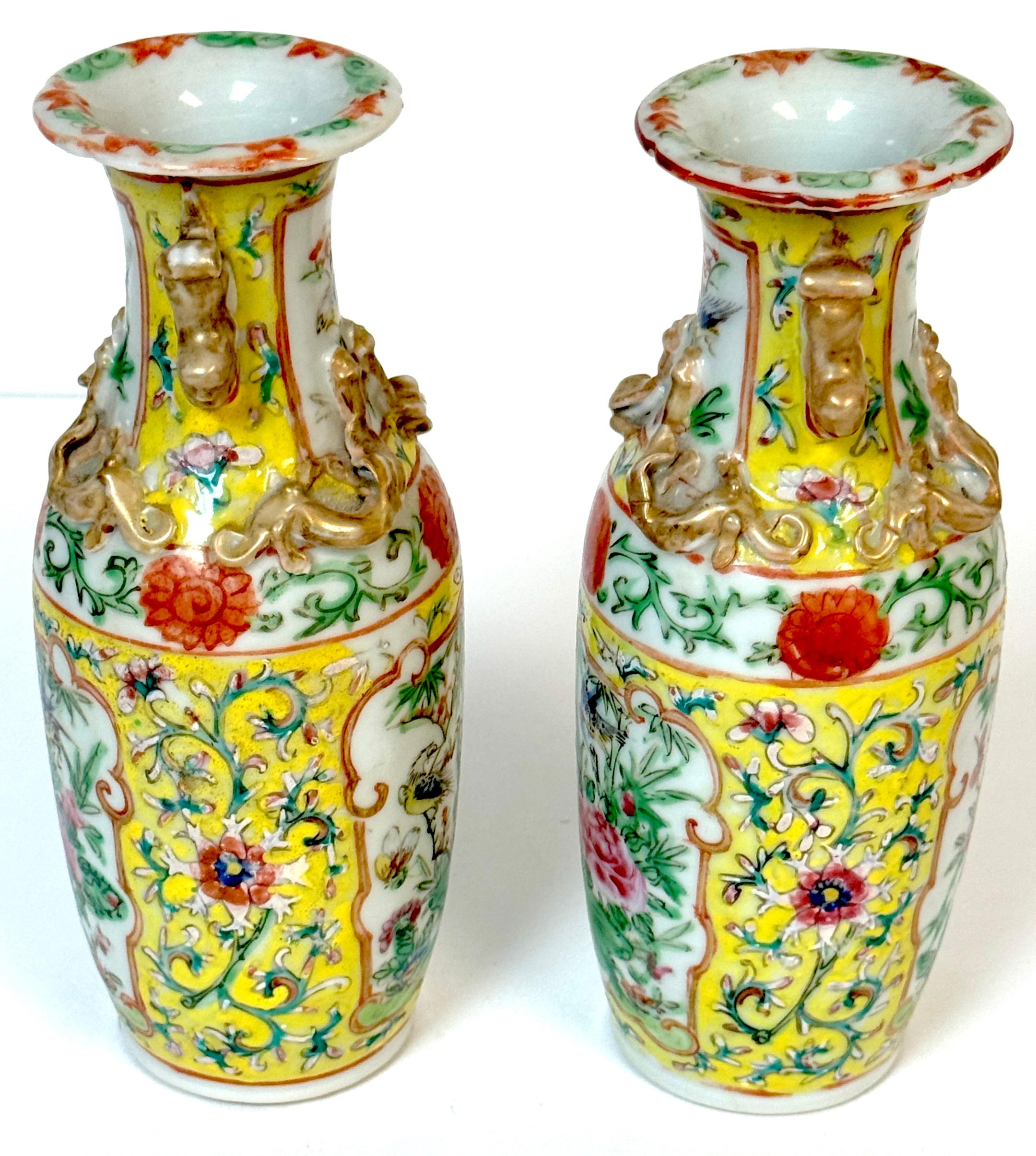 Enameled Pair of 19th Century Chinese Export Famille Rose Vases Gilt Foo Lion Handles For Sale