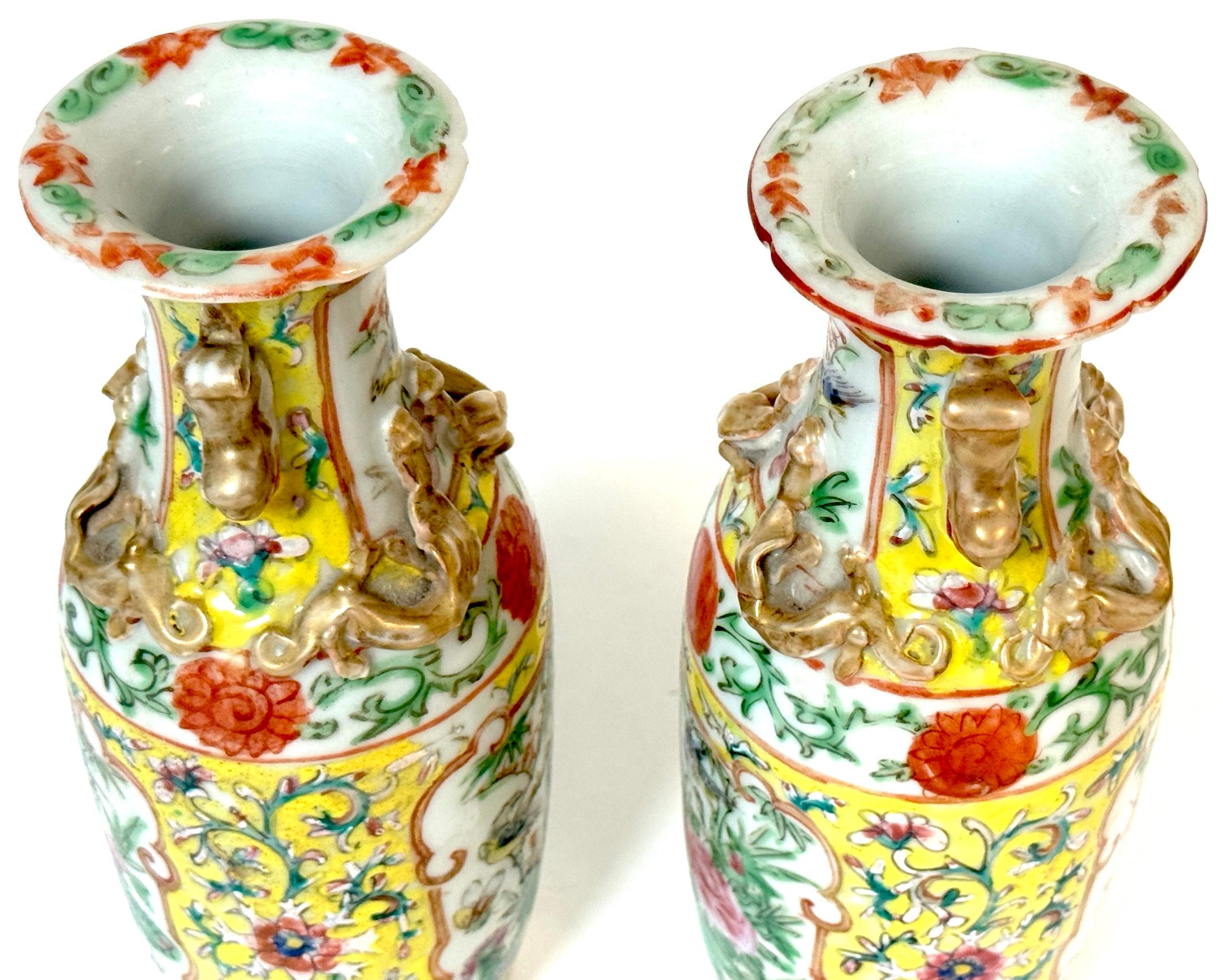 Pair of 19th Century Chinese Export Famille Rose Vases Gilt Foo Lion Handles In Good Condition For Sale In West Palm Beach, FL