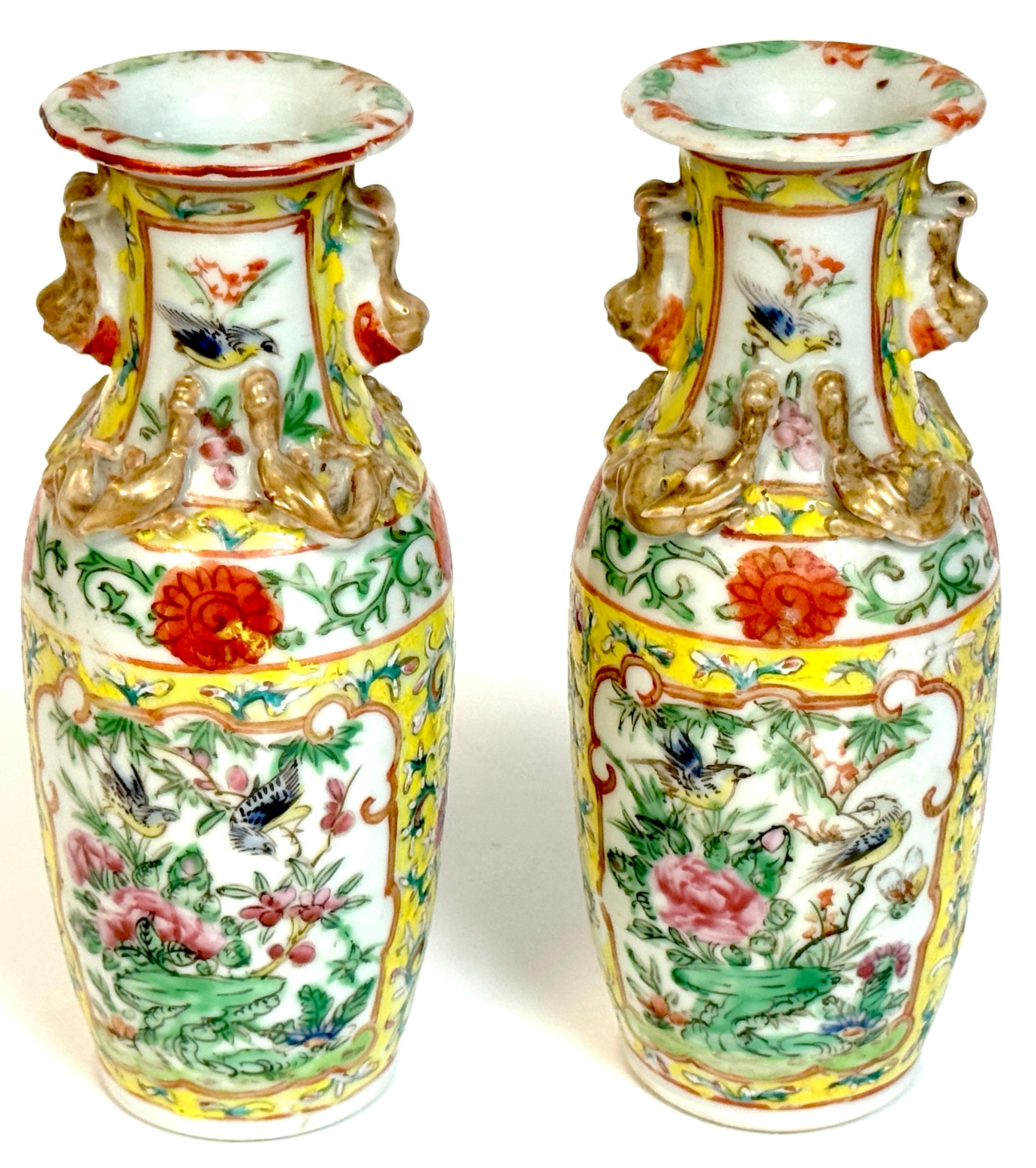 Porcelain Pair of 19th Century Chinese Export Famille Rose Vases Gilt Foo Lion Handles For Sale