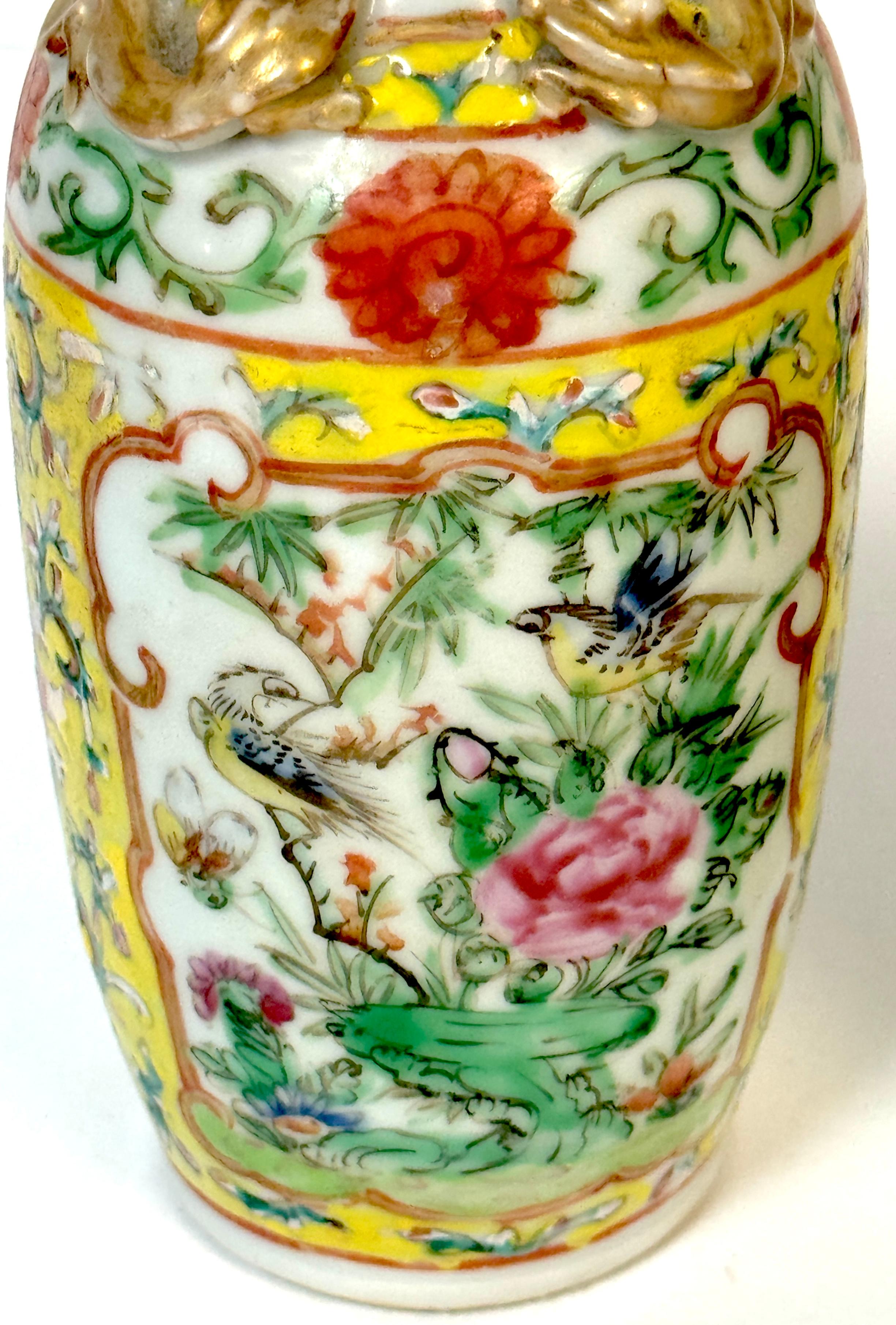 Pair of 19th Century Chinese Export Famille Rose Vases Gilt Foo Lion Handles For Sale 3