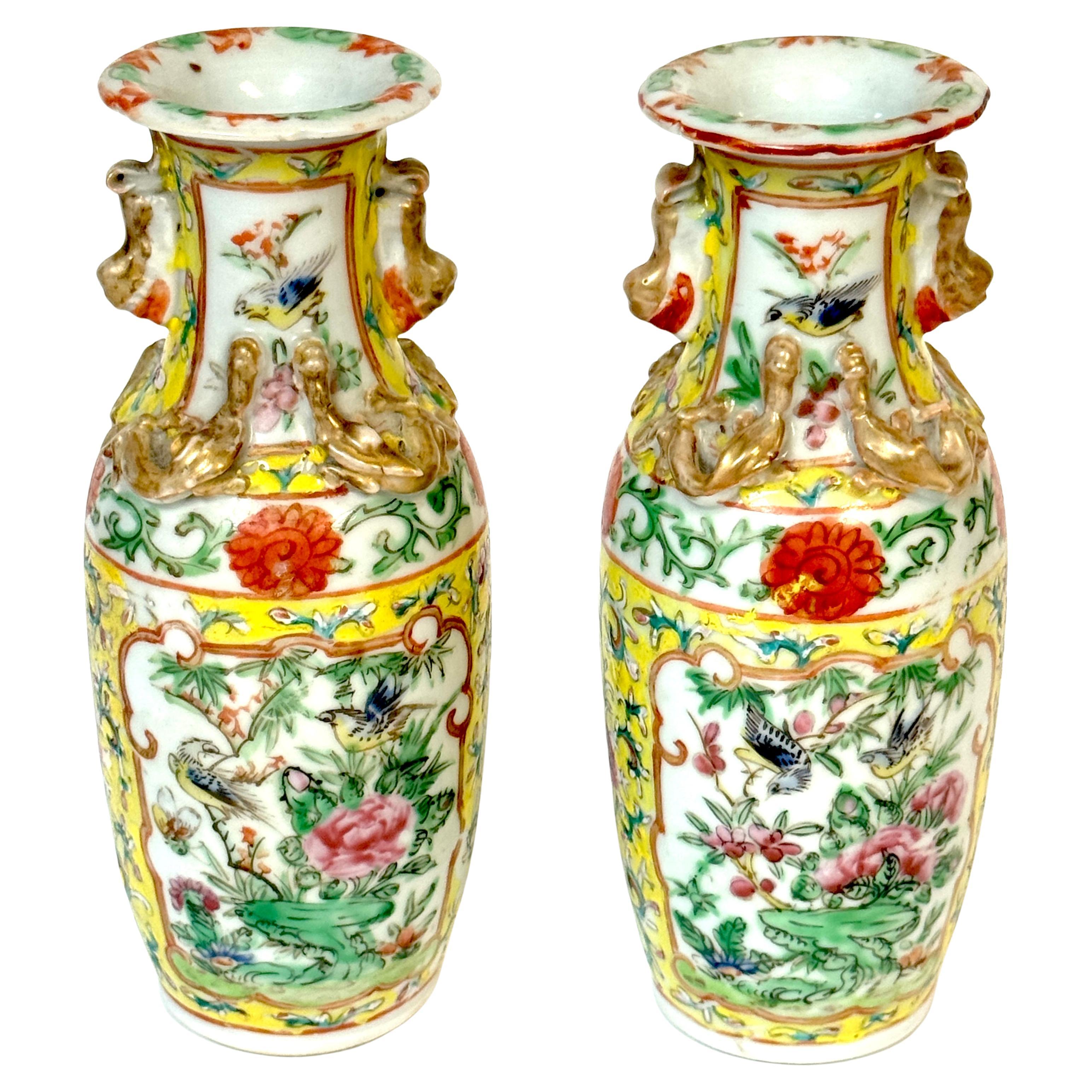 Pair of 19th Century Chinese Export Famille Rose Vases Gilt Foo Lion Handles For Sale