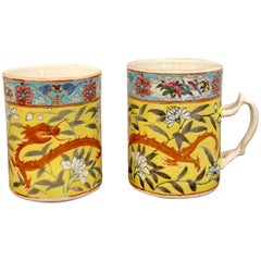Pair of 19th Century Chinese Export Famille Verte Yellow Dragon Motif Mugs