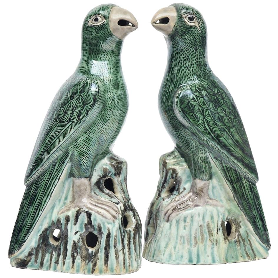 A Pair of 19th Century Chinese Export Glazed Parrots