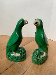Pair of 19th Century Chinese Export Green Glazed Porcelain Parrots, Unmarked