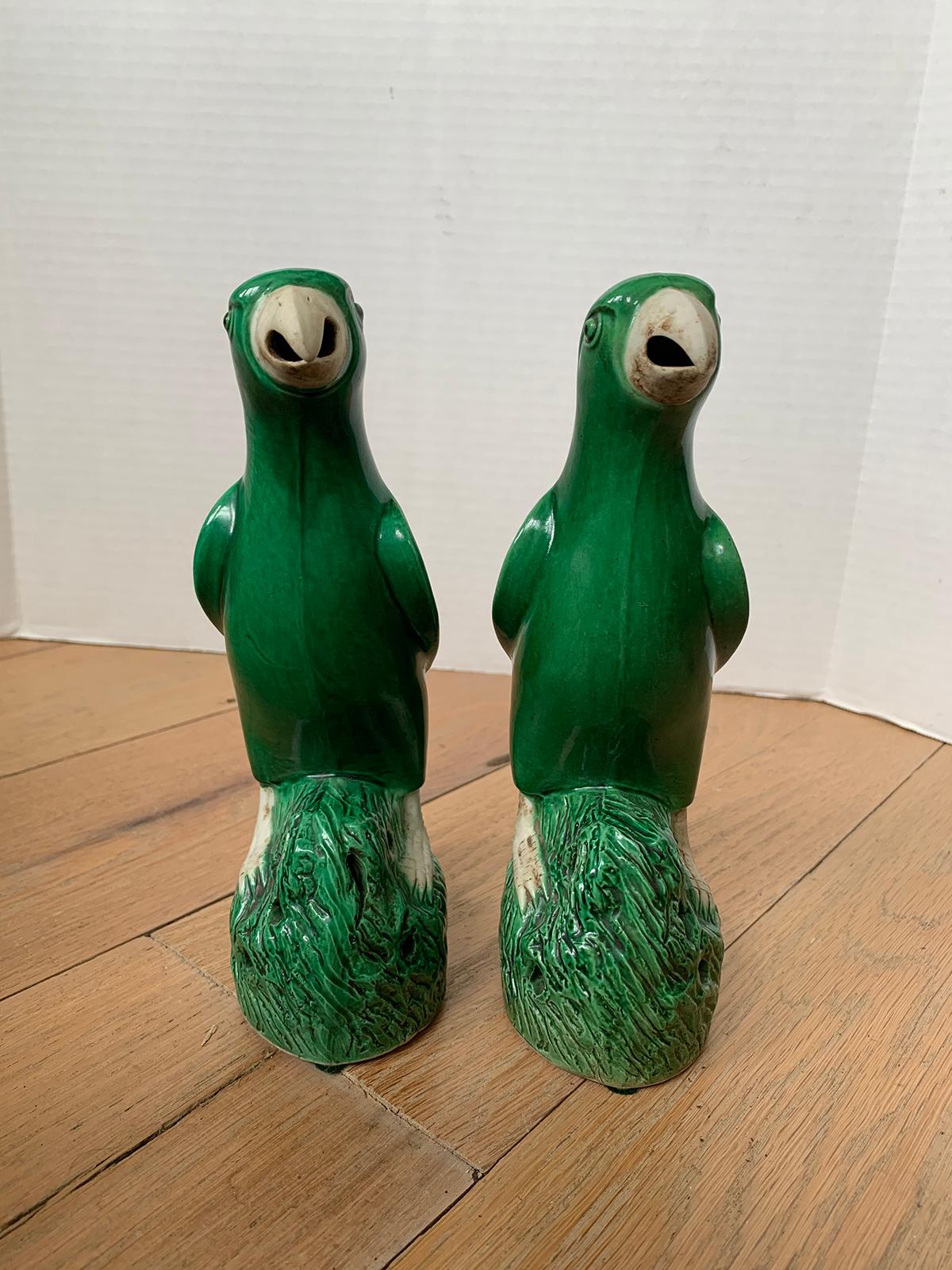 Pair of 19th Century Chinese Export Green Glazed Porcelain Parrots, Unmarked In Good Condition For Sale In Atlanta, GA
