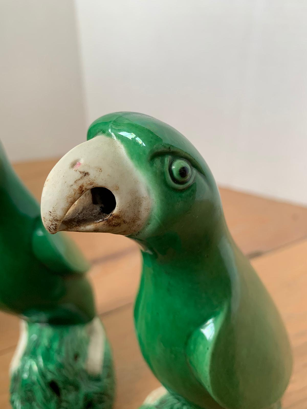 Pair of 19th Century Chinese Export Green Glazed Porcelain Parrots, Unmarked For Sale 4