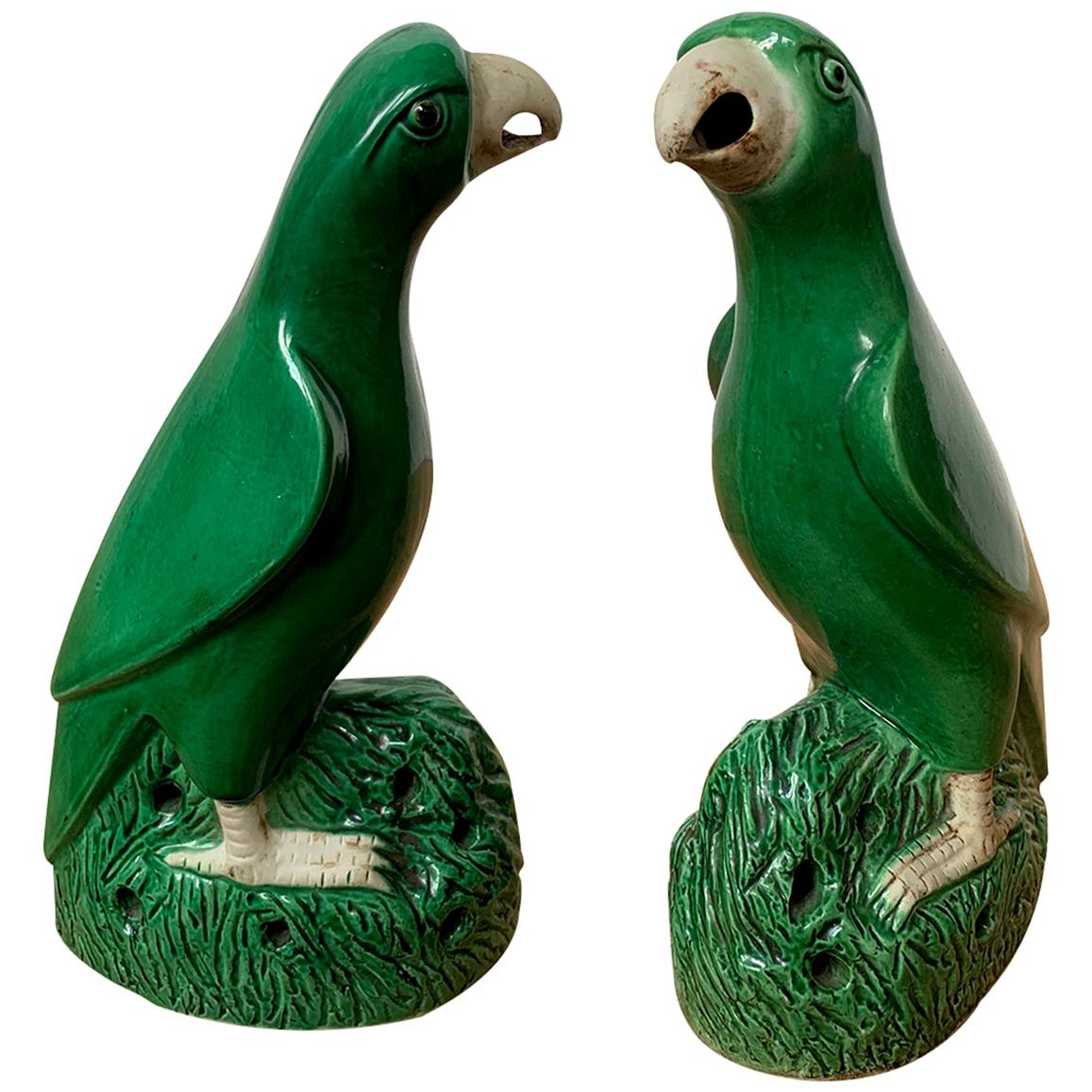 Pair of 19th Century Chinese Export Green Glazed Porcelain Parrots, Unmarked