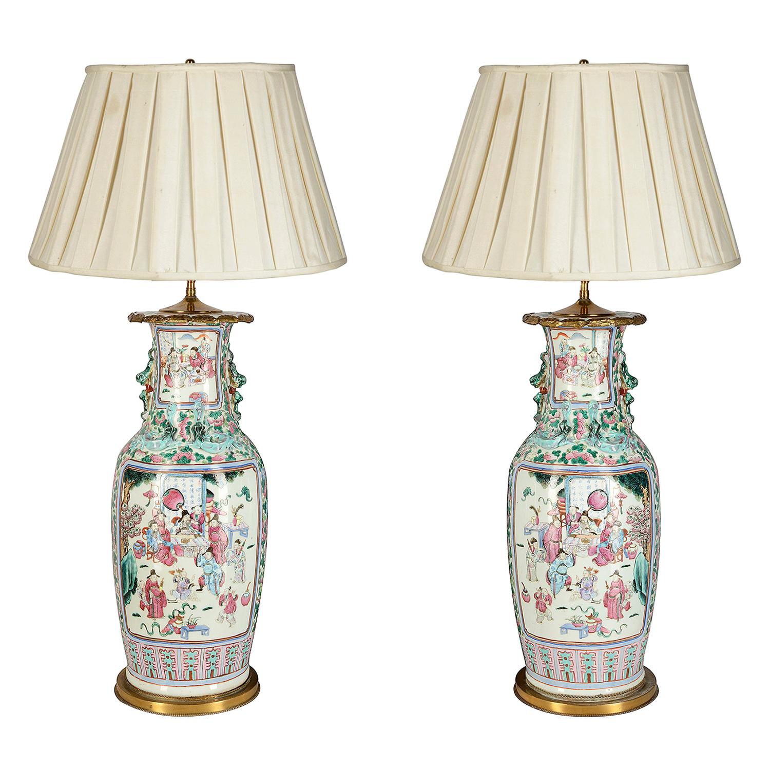 Pair of 19th Century Chinese Famille Rose Vase/Lamps