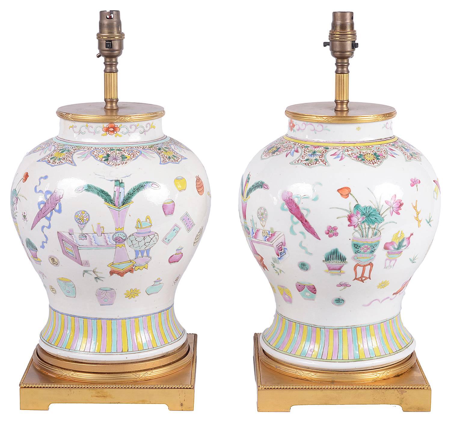 Hand-Painted Pair of 19th Century Chinese Famille Rose Vases or Lamps